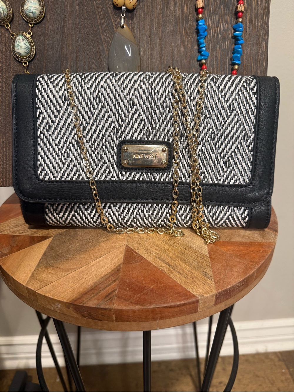 Nine West Black & White Woven Chain Crossbody
